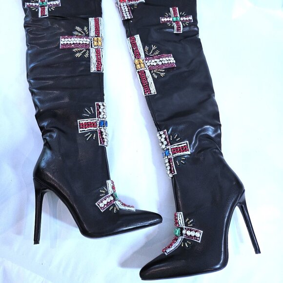NIB NWT Azalea Wang Black Over the Knee Boosted Rhinestone Boots Size 9 - Picture 3 of 7